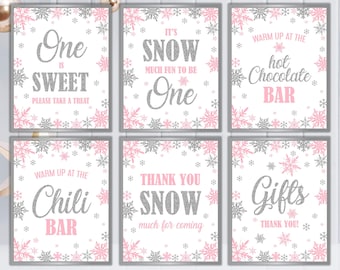 Signes d&#39;hiver Onederland, décorations de fille d&#39;anniversaire d&#39;hiver Onederland, décorations de premier anniversaire de flocons de neige argentés roses Téléchargement immédiat