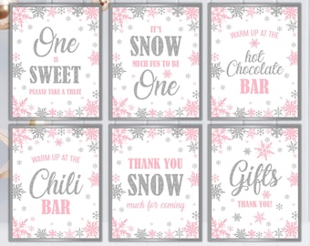 Winter Onederland Signs, Winter Onederland Birthday Girl Decorations, Pink Silver Snowflakes First Birthday Decorations Instant Download