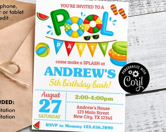 Pool Party Invitation Boy, Pool Party Birthday Invitation Instant Download, Swimming Party Invite, Editable Template