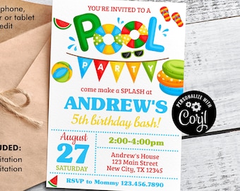 May include: A colorful pool party invitation with a cartoon pool, sunglasses, and inflatables. The invitation is for Andrew's 5th birthday bash on August 27th from 2:00-4:00pm at Andrew's House, 123 Main Street, New City, TX 12345. RSVP to Mommy 123.456.7890.