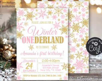 May include: Pink and gold snowflake patterned invitation for a Winter Wonderland themed first birthday party. The invitation says "Please join us for a Winter Wonderland to celebrate Amanda's first birthday!" with the date, time, and location of the party.