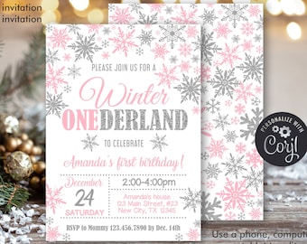 Winter Onederland Birthday Invitation: Pink Silver Snowflakes (Editable Template)