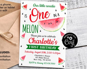 Invitación de sandía para primer cumpleaños: Plantilla editable (Descarga digital)