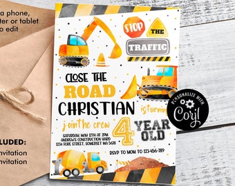 May include: Construction themed birthday party invitation with yellow and black colors. The invitation says "Close the Road Christian is turning 4 year old" and includes a yellow excavator, bulldozer, and cement mixer.