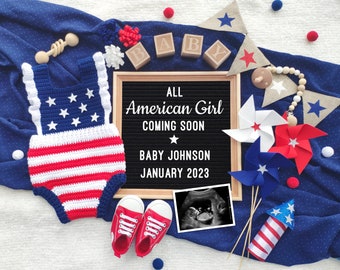 4th of July Pregnancy Announcement Digital, American Girl Baby Announcement 4th of July Baby Announcement Editable Digital Template