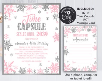 Capsule temporelle Onederland d’hiver et carte de note assortie Rose Argent Hiver Onederland Décorations de fille de 1er anniversaire, modèle modifiable
