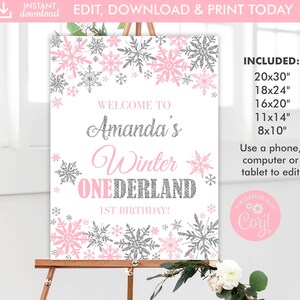 Winter Onederland 1st Birthday Welcome Sign: Pink & Silver (Editable Template)