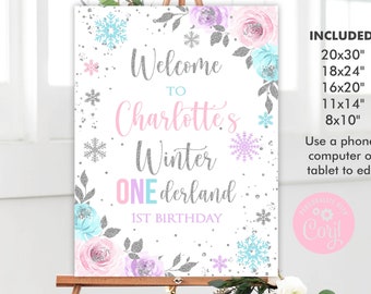 Winter Onederland Welcome Sign, Winter Onederland 1st Birthday Girl Decorations, Pink Purple Teal Silver Snowflake Birthday Sign, Editable