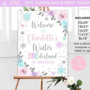 Winter Onederland Welcome Sign, Winter Onederland 1st Birthday Girl Decorations, Pink Purple Teal Silver Snowflake Birthday Sign, Editable