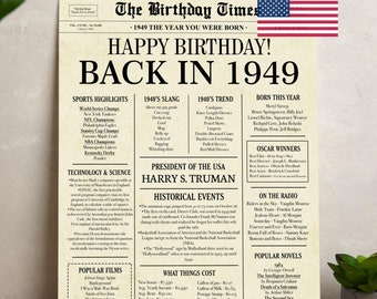 1949 Birthday Newspaper Poster: 76th Birthday Decorations (Digital Download)