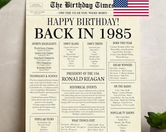 1985 Birthday Newspaper Poster: 40th Birthday USA Facts (Digital Download)