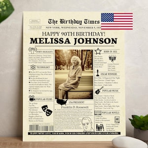 Personalized 90th Birthday Newspaper Poster: 1935 Vintage Sign (Digital Download)