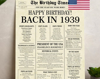 1939 Birthday Newspaper Poster: 86th Birthday Decorations (Digital Download)
