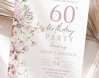 Dusty Blush Wildflower 60th Birthday Invitation – Canva Template (Digital File)