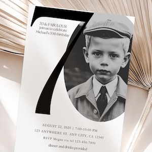 Uitnodigingskaart 70e verjaardag, Look Who's 70, bewerkbare kaartsjabloon 70e verjaardag, afdrukbare minimalistische fotokaart fotokaart Canva
