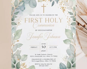 First Communion Invitation: Editable Canva Template (Digital Download, 5x7 inch & Mobile Size Evite)