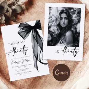 Invitación con lazo negro para cumpleaños número 30, invitación editable para fiesta de cumpleaños número 30, lazo negro digital para hacer uno mismo, invitación para celebrar los treinta