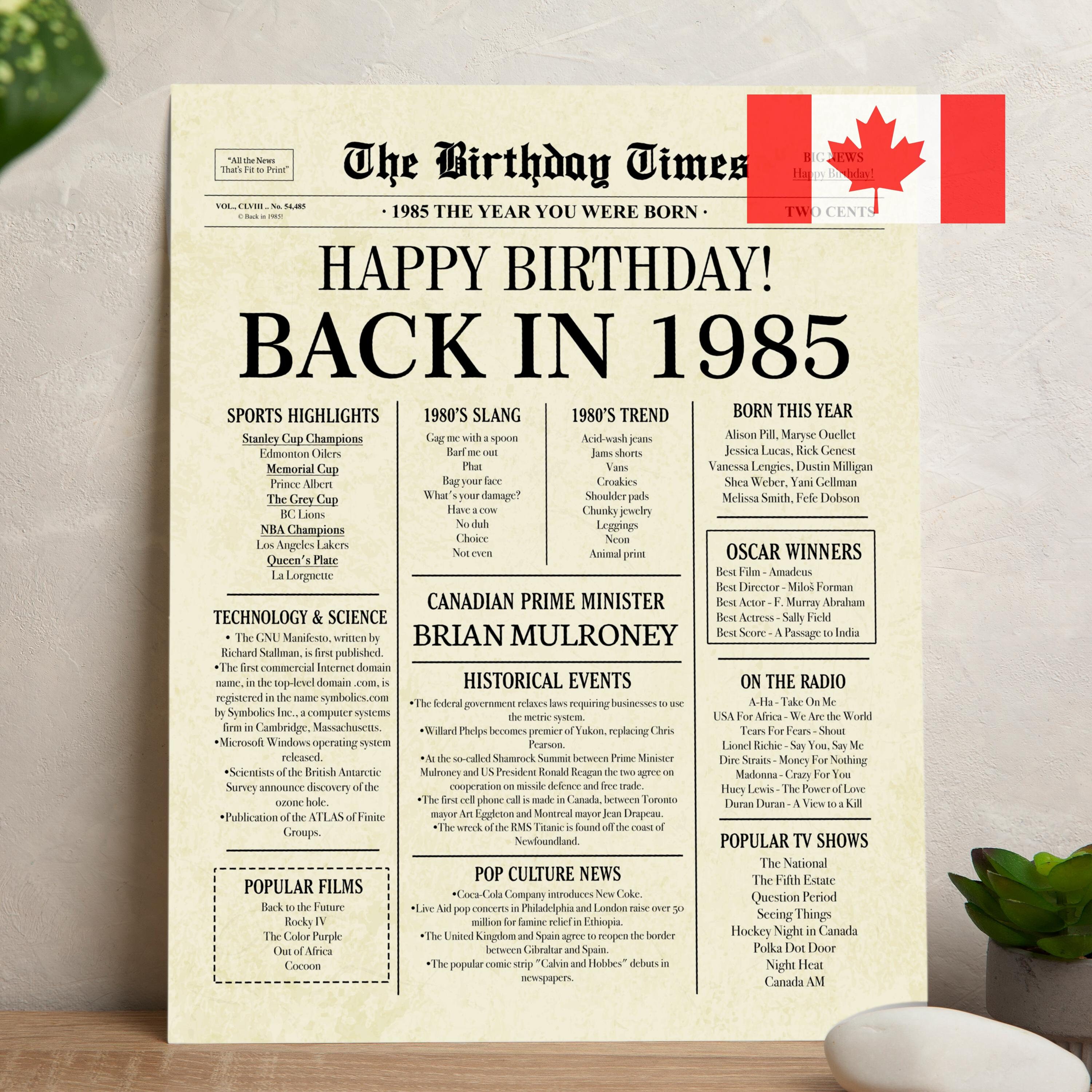 1985 年カナダに戻る | 1985 年誕生日新聞サイン カナダ | 1985 年誕生 