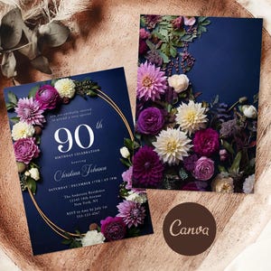May include: A navy blue invitation card with a gold circle border and floral accents. The text reads "You are cordially invited to attend a very special 90th Birthday Celebration honouring Christina Johnson. Saturday, December 17th at 7 PM. The Anderson Residence, 12345 18th Avenue, New York, NY. RSVP to Amy by 1st July, 555-123-4567."