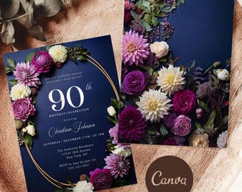 90th Birthday Invitation Template: Purple Flowers, Navy & Gold (Digital Invite)