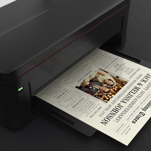 May include: A black and white newspaper style announcement for a 50th wedding anniversary. The announcement features a photo of the couple and the text "The Wedding Times", "Happy 50th Anniversary!" and "Jack & Melissa Johnson were married on February 28th, 1975".