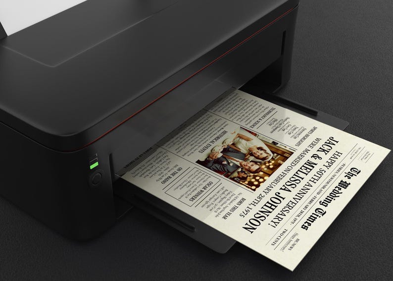 May include: A black and white newspaper style announcement for a 50th wedding anniversary. The announcement features a photo of the couple and the text "The Wedding Times", "Happy 50th Anniversary!" and "Jack & Melissa Johnson were married on February 28th, 1975".