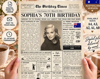 70th birthday newspaper 1956 printable poster Australia 70th birthday gift for women or men 70th birthday decorations (Digital File)