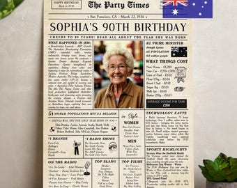 90th Birthday Australian Newspaper Gift: 1936 Printable Decoration (Digital File)