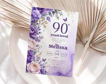 90th Birthday Invitation: Purple Floral Butterfly, Editable Canva Template (Digital)