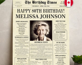 80th Birthday CANADIAN Poster, 80th Birthday Newspaper, back in 1944, 80th birthday gift for woman or men, 80th birthday decorations