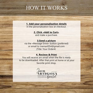 May include: How to order a personalized birthday or anniversary board. Add your details, click "Add to Cart", send a picture, and receive an email when the file is ready to download. Print at home or at your favorite print shop. Inem Art Design, Est. 2022.