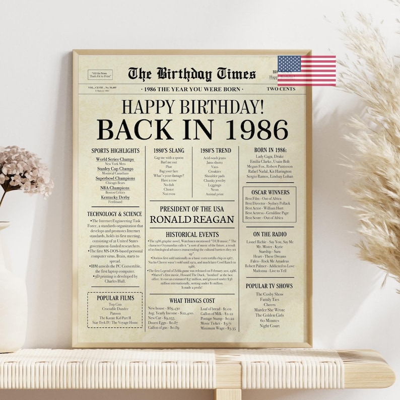 The Digital download of a 40th birthday newspaper-style poster. if features custom details like that news highlights, cost of living, pop culture, and sports winners from 1986 for USA.