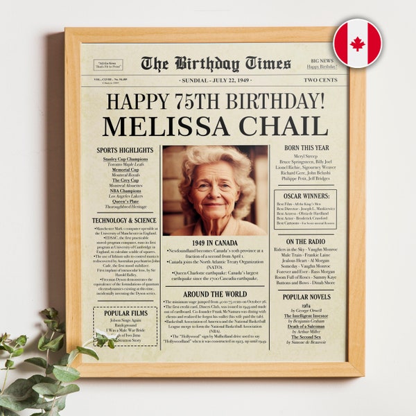 75th Birthday CANADIAN Poster, 75th Birthday Newspaper, back in 1949, 75th birthday gift for woman or men, 75th birthday decorations