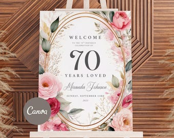 Blush Pink & Gold 70th Birthday Welcome Sign: Floral Party Banner Canva Template (Digital Download)