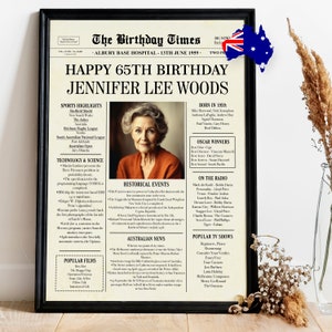 65th birthday gifts for women or men, 65th birthday newspaper poster, birthday gift for her or him, 65 years ago back in 1959 Australian