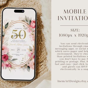 May include: A mobile phone screen displaying a 50th anniversary invitation with a gold and pink floral design. The invitation reads "Celebrating 50 years" and includes the names "Jason & Melissa Jehana". The date is June 29, 2025, at 5 PM.