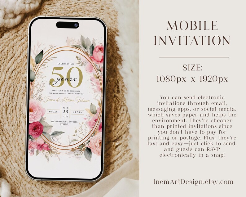 May include: A mobile phone screen displaying a 50th anniversary invitation with a gold and pink floral design. The invitation reads "Celebrating 50 years" and includes the names "Jason & Melissa Jehana". The date is June 29, 2025, at 5 PM.