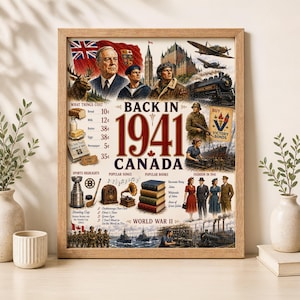 Puede incluir: Un póster enmarcado titulado Back in 1941 Canada que presenta imágenes históricas, incluyendo un retrato de un hombre, un alce, un tren de vapor, personal militar e ilustraciones de bienes de consumo, deportes, canciones y libros de 1941.