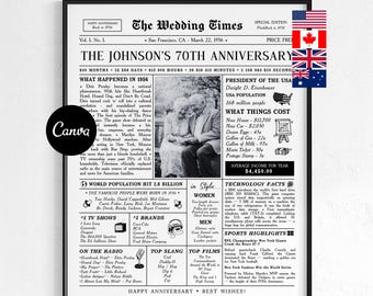 70th Anniversary Newspaper Gift: 1956 Wedding Anniversary Poster (Canva Template)