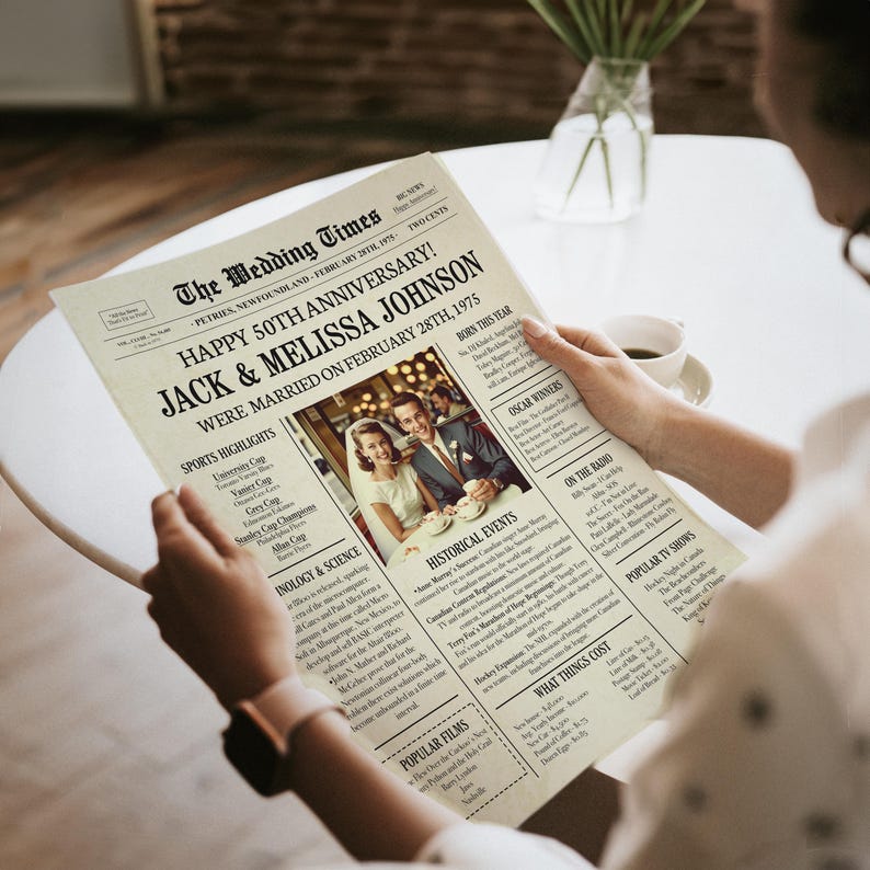 May include: A vintage newspaper style print with a photo of a couple in a restaurant. The headline reads "Happy 50th Anniversary! Jack & Melissa Johnson Were Married on February 28th, 1975".