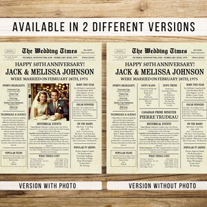 May include: A vintage newspaper style printable for a 50th wedding anniversary. The newspaper is titled "The Wedding Times" and features the couple's names, "Jack & Melissa Johnson", and the date of their wedding, "February 28th, 1975". The newspaper includes a photo of the couple, a list of historical events, and popular culture highlights from the year 1975.