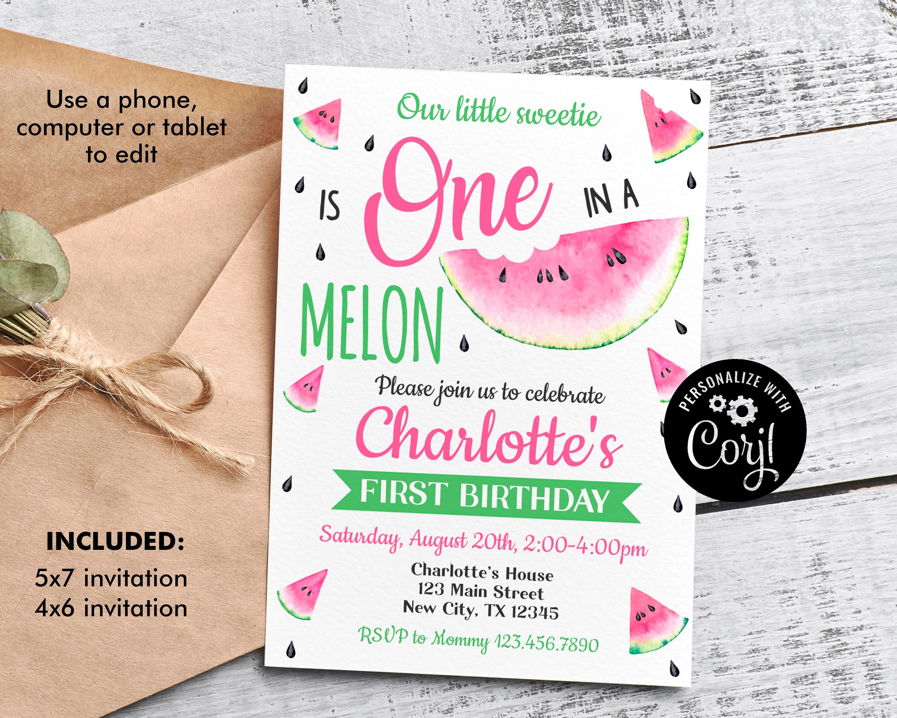 One in a melon invitation 1st birthday invitation for girls watermelon birthday invitation editable template instant download