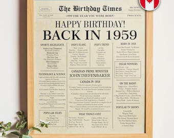 Back in 1959 CANADA | 65th Birthday Newspaper Sign Canadian | 1959 Birthday Poster | 65th Birthday Gift | 65 years ago back in 1959