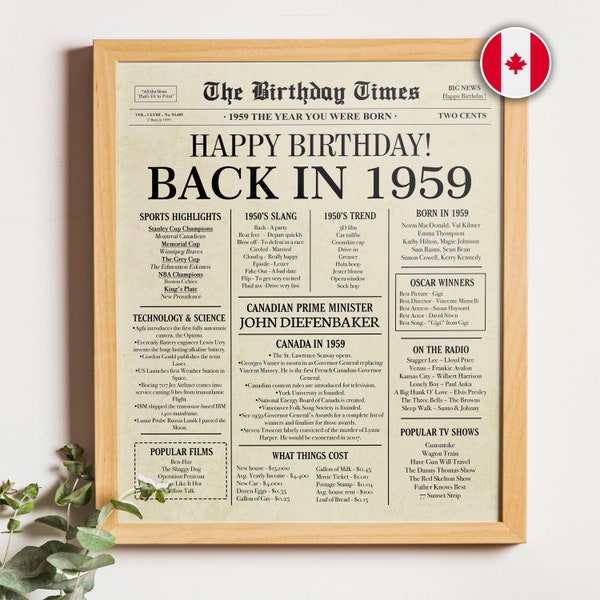 Retour en 1959 CANADA | Panneau de journal du 65e anniversaire canadien | Affiche d’anniversaire 1959 | Cadeau du 65e anniversaire | il y a 65 ans en 1959