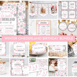 Winter Onederland Birthday Girl Decorations, Winter Onederland Birthday Party Package Bundle, Pink Silver Snowflakes  Editable Template