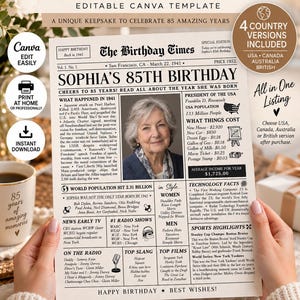 Puede incluir: Una plantilla de periódico de 85 cumpleaños titulada The Birthday Times, que incluye una fotografía, hechos históricos de 1941, datos sobre el coste de la vida y aspectos destacados de la cultura popular, con secciones sobre noticias, radio y deportes.
