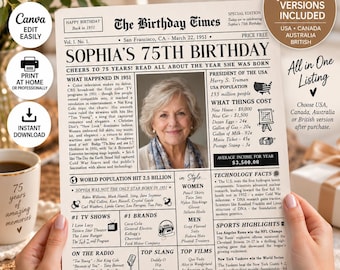 75th Birthday Editable Newspaper Canva Template 1951 Birthday Times Infographic Printable Gift 75 Year Old Present Party Poster Decoration