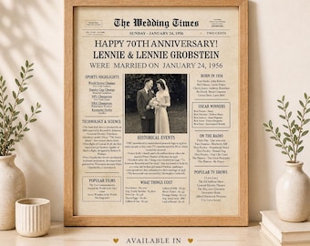 70th Anniversary Newspaper Poster, 1956 Wedding Gift or Decorations (Digital Printable)