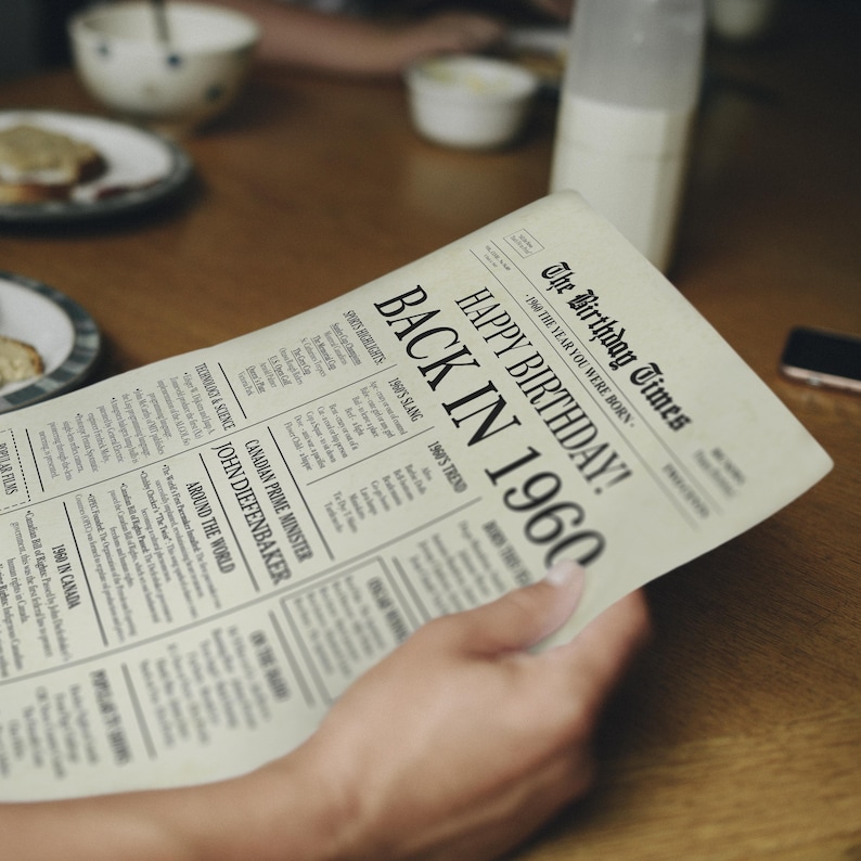 May include: A vintage-style newspaper with the headline "Happy Birthday! Back in 1960." The newspaper is printed on aged paper and features headlines and articles from 1960.