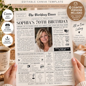 May include: A 70th birthday newspaper template featuring the title The Birthday Times, a photograph of a woman, and historical facts from 1956. The document includes sections on pop culture, technology, and costs from that year, formatted as a vintage-style news page with columns, headlines, and text detailing events from 1956.